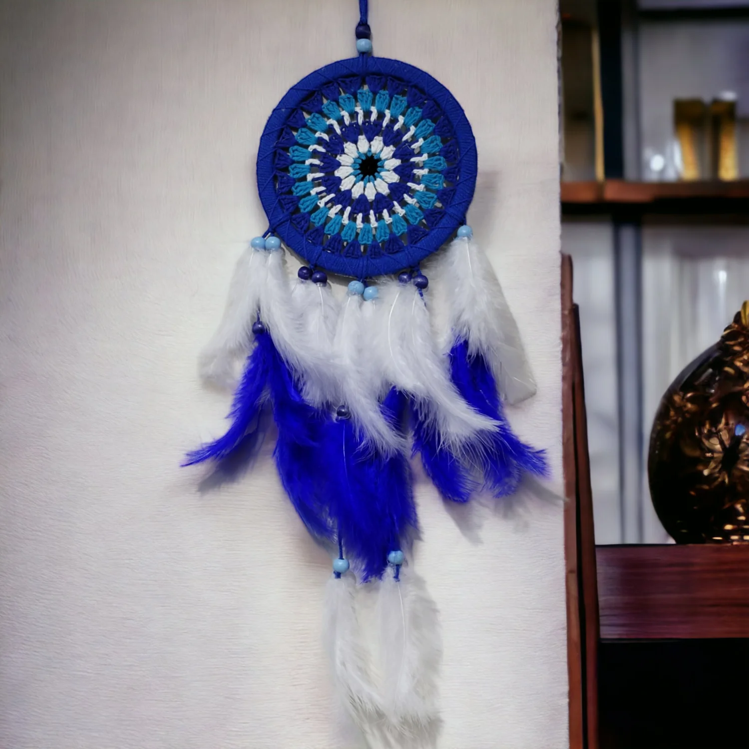 Evil Eye Bead Patterned Plenty of Bird Feathers  Navy Blue Color Dream Catcher Handmade Wall Decor