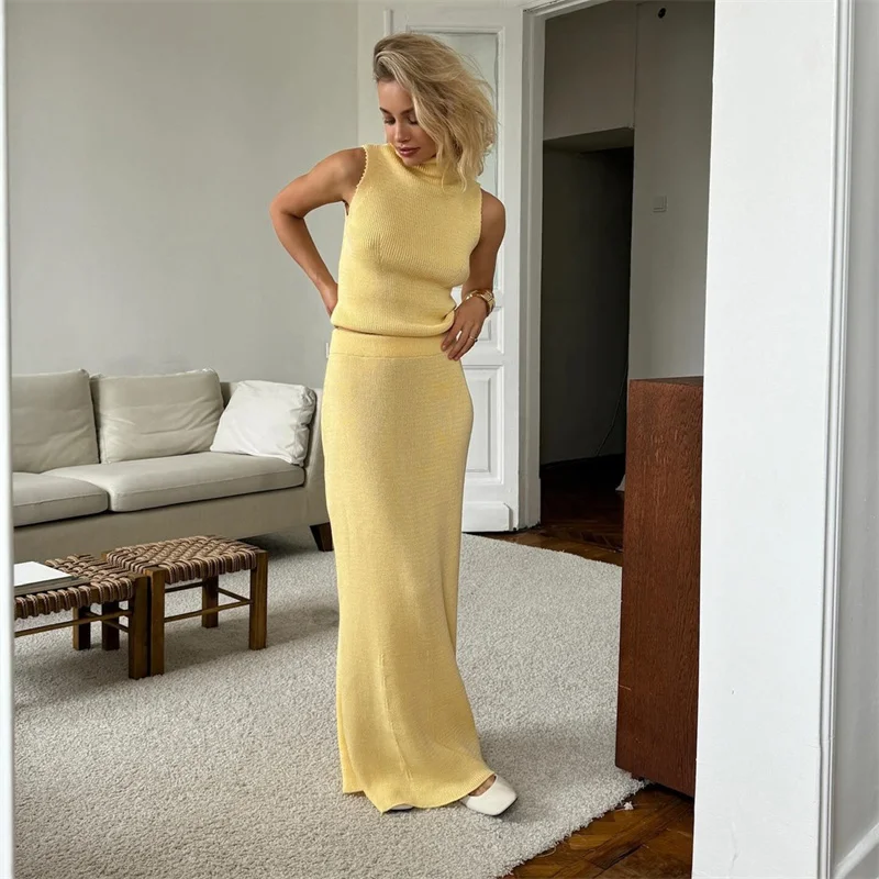 2PCS Women's Long Knit Dress Sexy Sleeveless Top High Waist Skirt Bikini Cover up Wrap Bottom Crochet Swimsuit Beach Swimwear