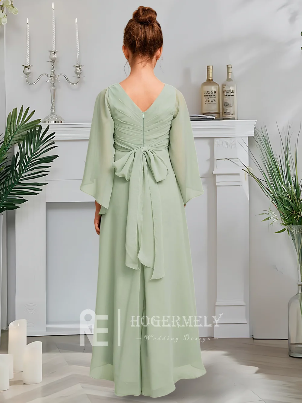 

C Kids Ethereal V-Neck Junior Bridesmaid Dress Celadon Flower Girl Dress Asymmetrical Chiffon A-Line Garden Gala Wedding Party
