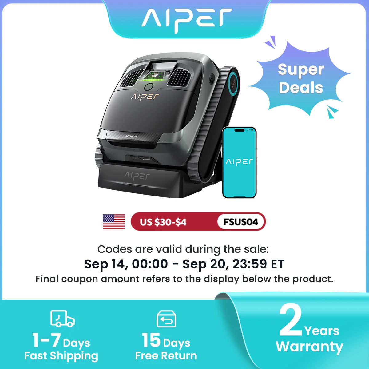 Refurbished Refurbished AIPER Scuba X1 Cordless Pool Robot with Powerful Suction, Double Filtration and Wireless Charging Dock, Floor/Wall/Waterline Cleaning, 185 Mins Runtime for Above & In-Ground Pools - Aliexpress Deal