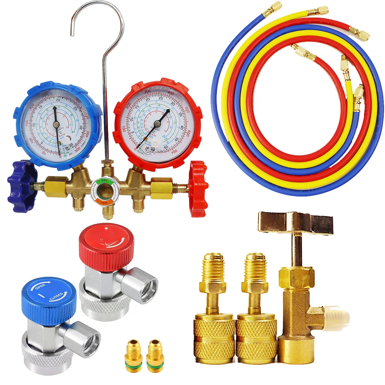 R410A R22 R134a R404A Zestaw manometrów HVAC A/C Chłodzenie Usługa ładowania z wężami Regulowane złączki Adapter może naciągać — zdjęcie 2
