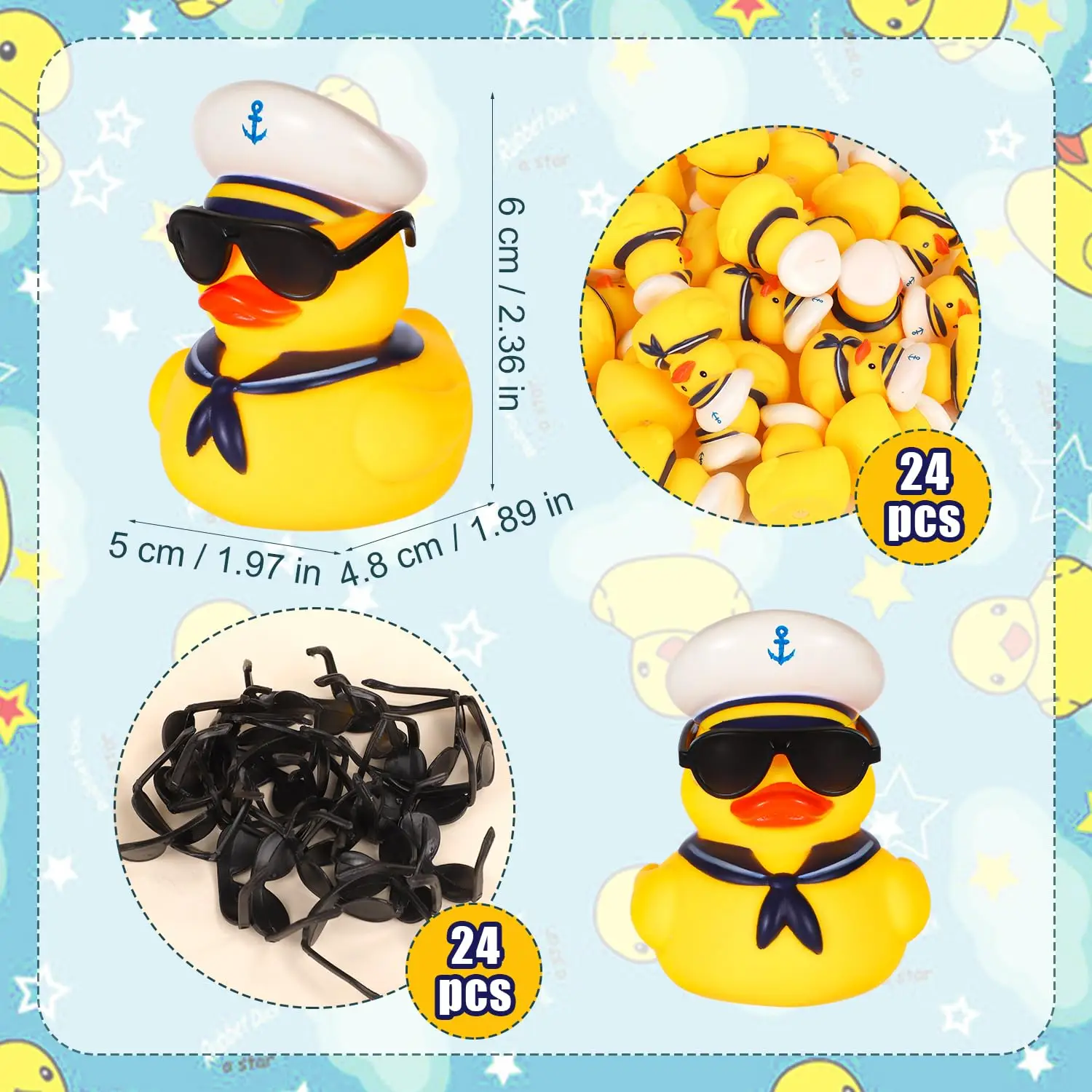 12/24pcs Cruise Duck Gift Bulk Rubber Ducks with Sunglasses Tiny Sailing Toy Squeaky Nautical Ship Toy for Birthday Party Favors