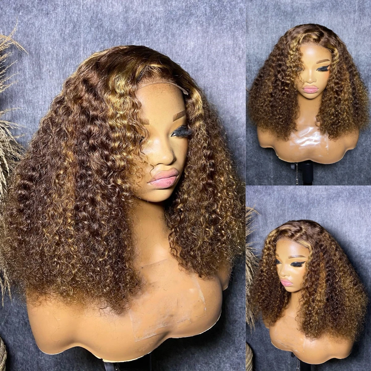 ハイライトカラーショートボブウィッグディープカーリー13x4レースフロント人毛ウィッグ密度220% # 4/27 ハイライトブラウンディープカーリーボブウィッグ