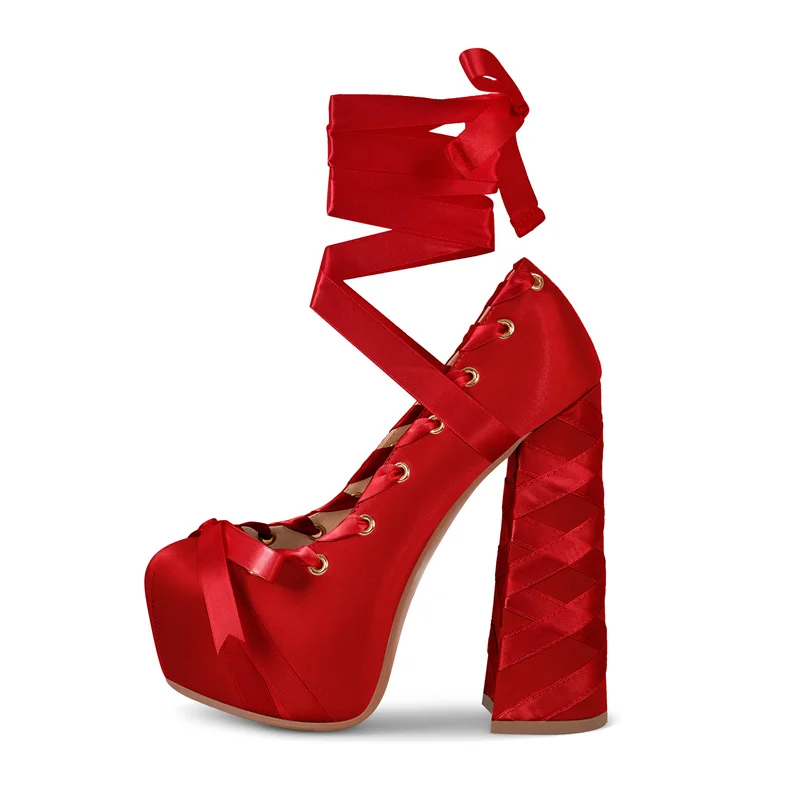 

Womens Round Toe Platform 15CM~16CM Chunky High Heels Ankle Strap Dress Hoof Thick Heels Shoes Big size