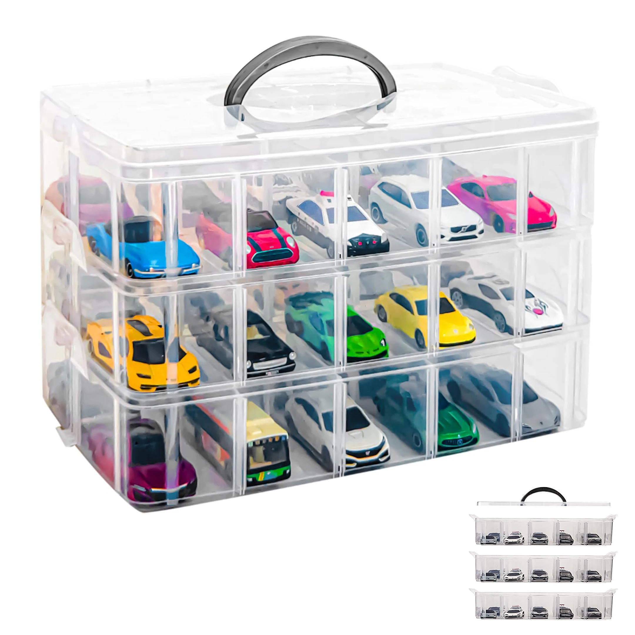 

3-Tier Stackable Car Model Organizers and Clear Storage Box with 30 Compartments for Bead,Toys,Dolls,Arts and Craft,Washi Tape