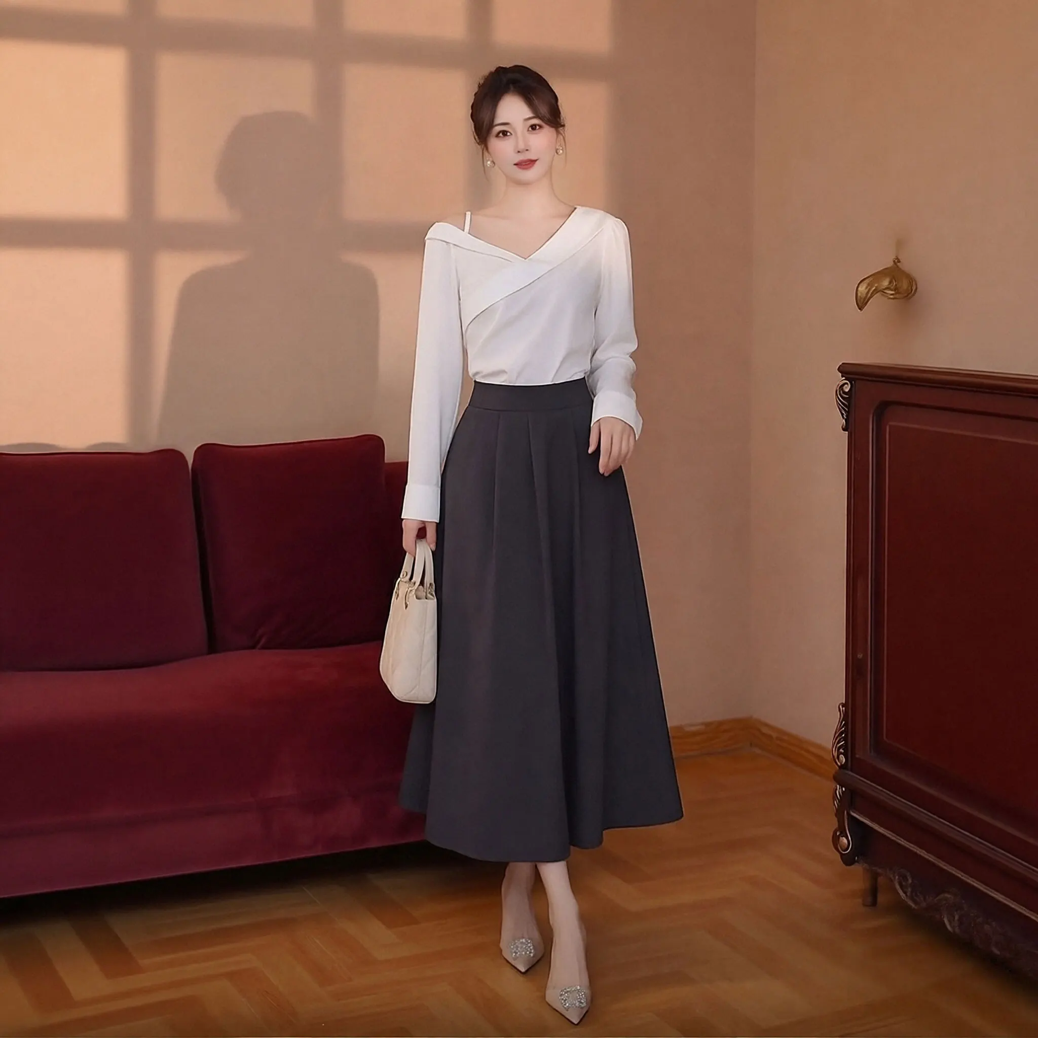 

Элегантный комплект из рубашки на одно плечо и юбки А-силуэта с высокой талией, женский модный наряд, повседневный шикарный костюм