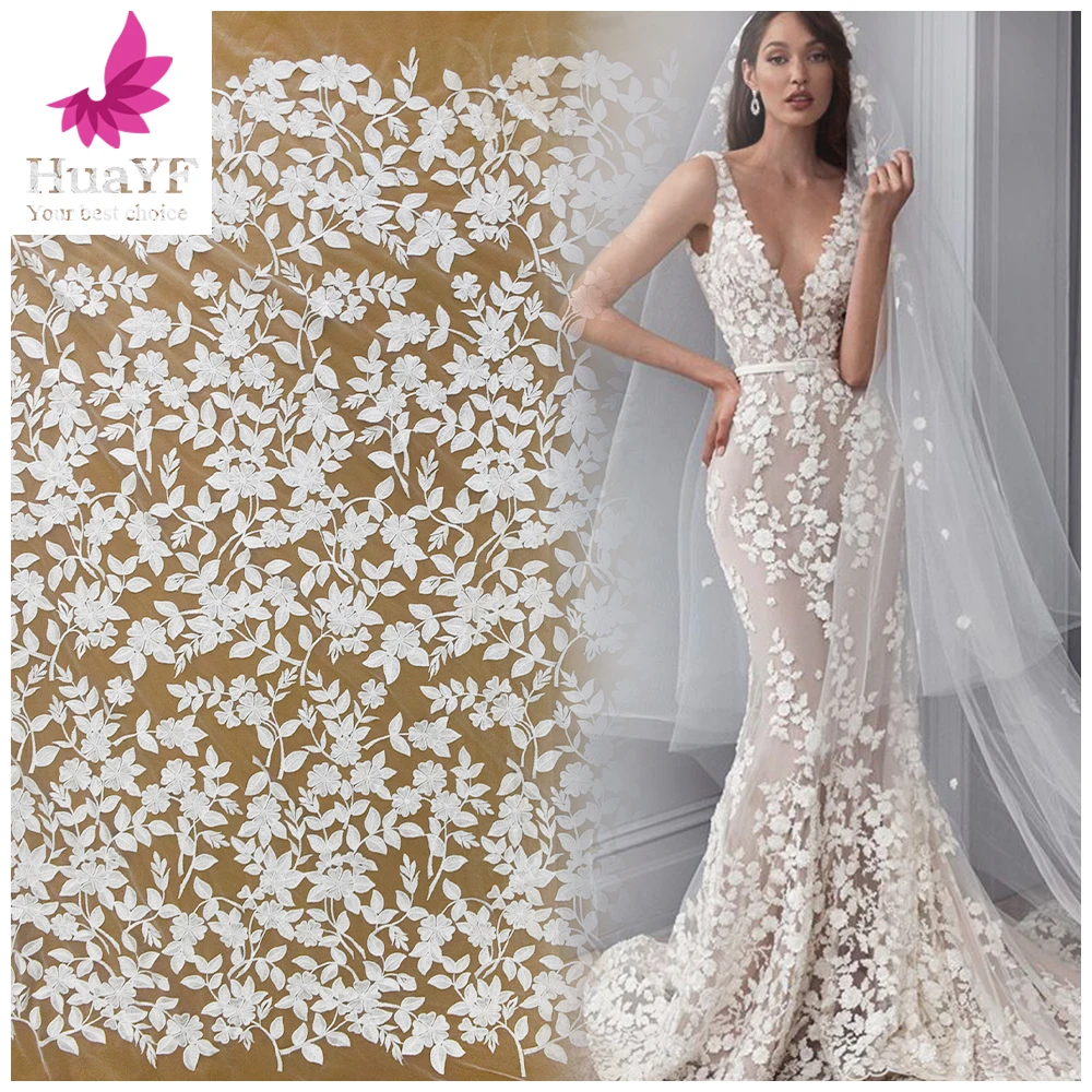 1 Yard Popular Design French White Leaf Embroidery Bridal Wedding Mesh Lace Dress Fabric HY1590-2