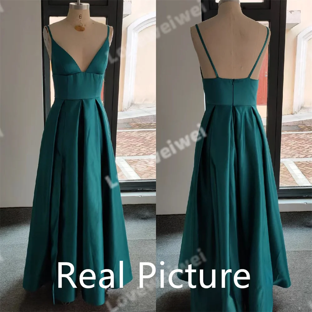 New Sexy V Neck Satin Evening Dresses Spaghetti Strap Side Slit Prom Dress High Waist Evening Gowns Party Dress Robe De Soiree