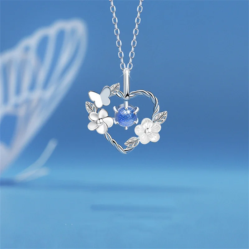 New Romantic Moonstone Star Moon Heart Pendant Necklace for Women Fashion Zircon Butterfly Choker Elegant Clavicle Chain Jewelry