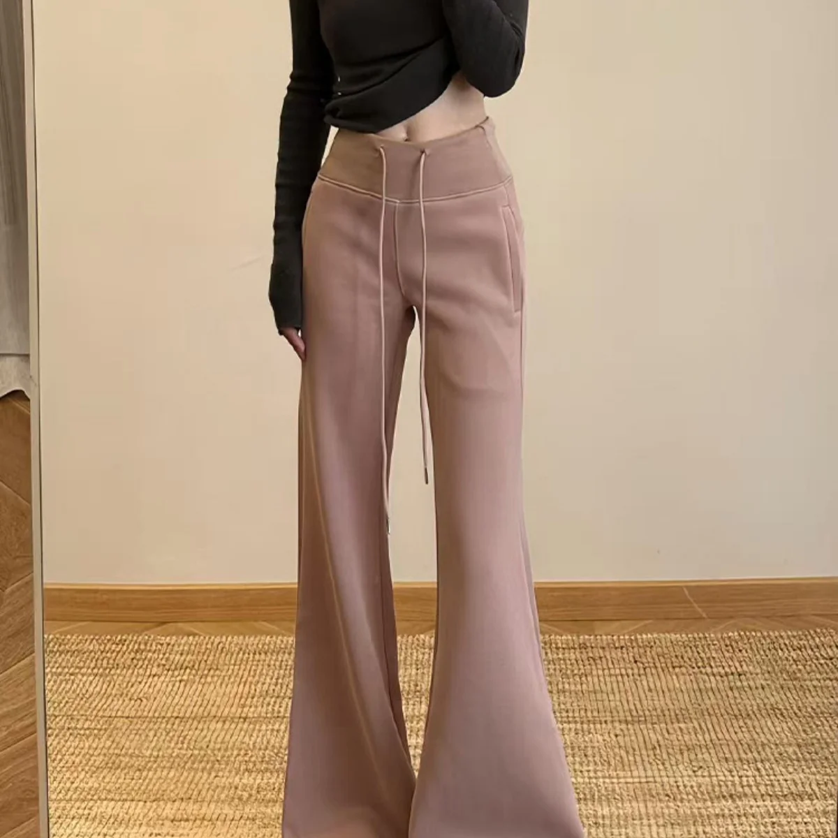 Damen Schlaghose mit Kordelzug, elastischer hoher Bund, lässige Damen-Sweatpants, Frühling/Sommer 2026, Retro-Eleganz, lange Büro-Hose