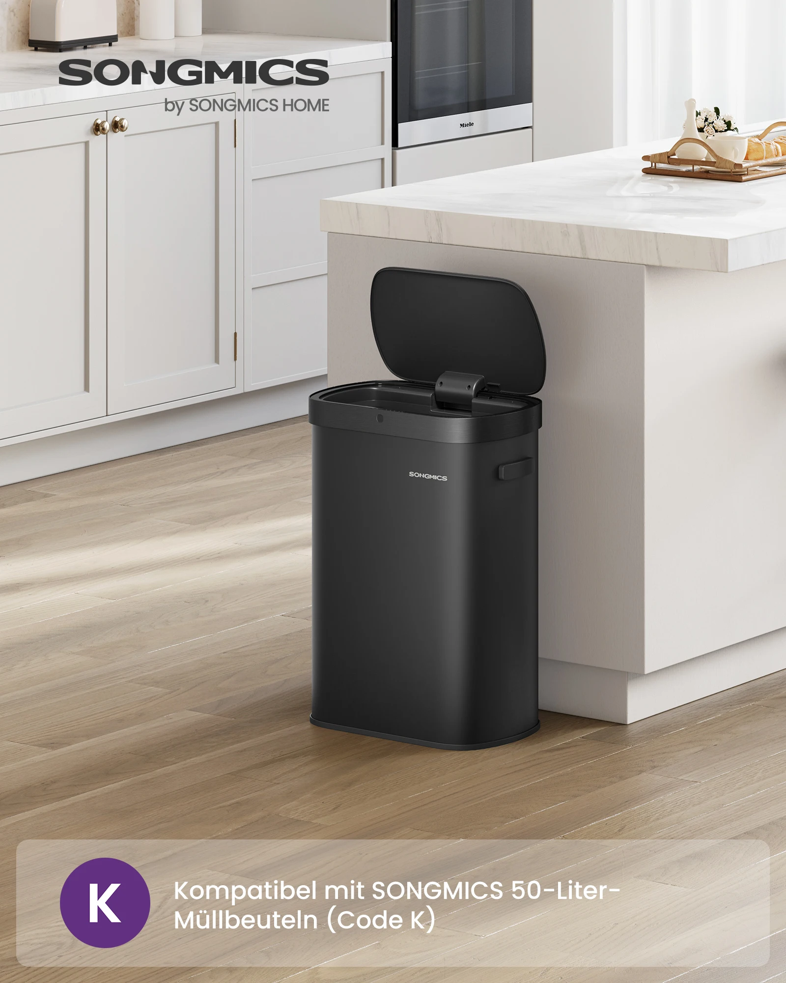 SONGMICS Mülleimer mit Sensor, automatischer Abfalleimer 50 L, Öffnen per Handbewegung oder Berühren, Softclose-Deckel, Stahl