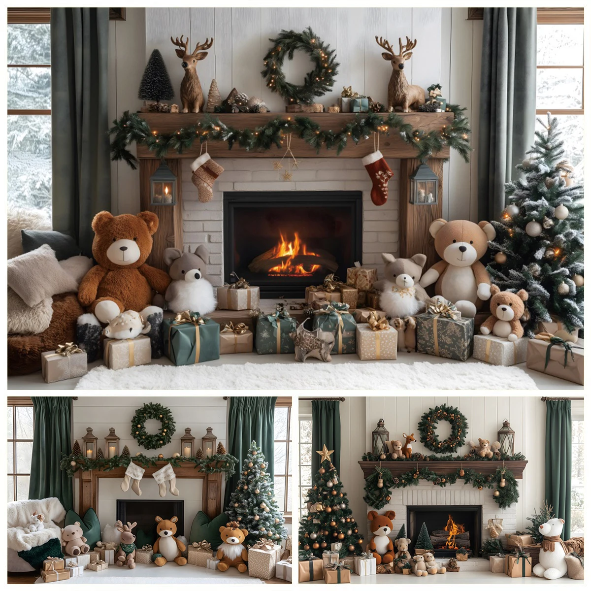 

Christmas Backdrop Christmas Tree Fireplace Toys Bear Gifts Green Wreath Kids Portrait Family Party Decor Photography Background