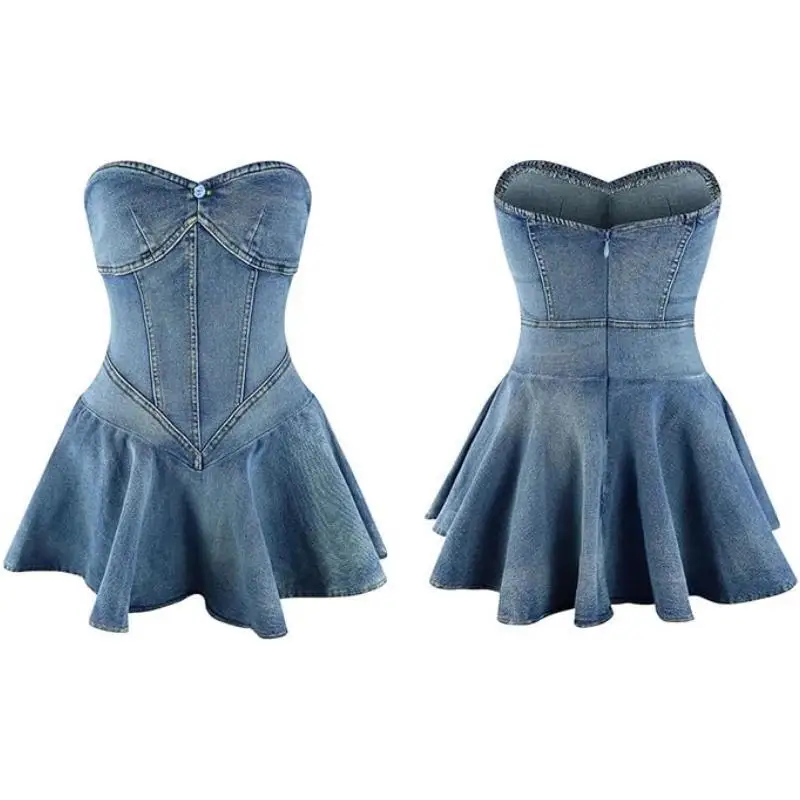 FAGADOER Y2K Street Sweet Pleat Denim Tube Mini Dress Women High Quality Elastic Sleeveless Backless Vestidos Fashion Streetwear