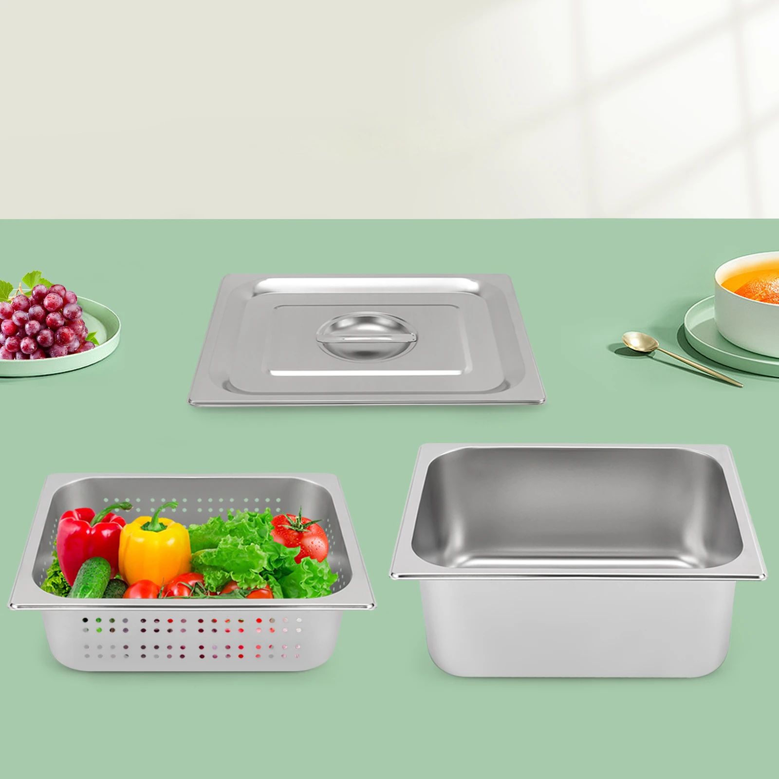 

1 набор сковородок из нержавеющей стали (перфорированная сковорода + пароварка + крышка), для кухни, поднос для парового стола, 1/2, 4 дюйма, 6 дюймов