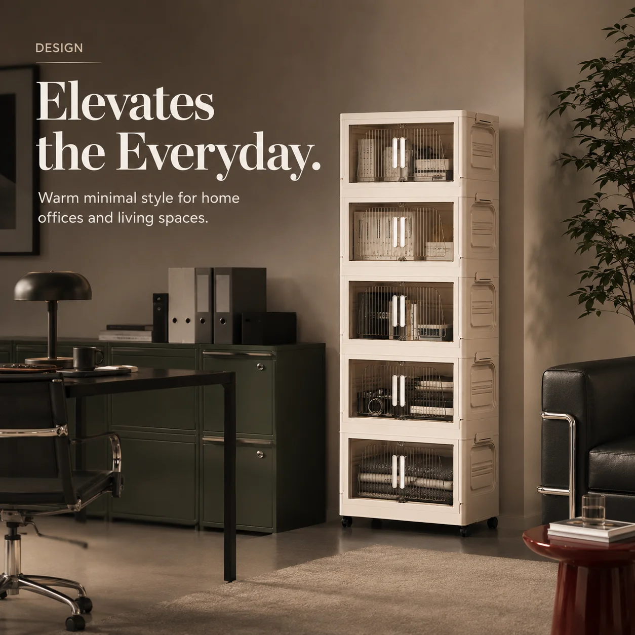 3/4/5-layer cream white simple storage cabinet with wheels, modular stackable foldable storage unit, with vertical grid flip door and rollers, no-assembly foldable dustproof plastic organizer, perfect for office books, multi-room home storage, and versati