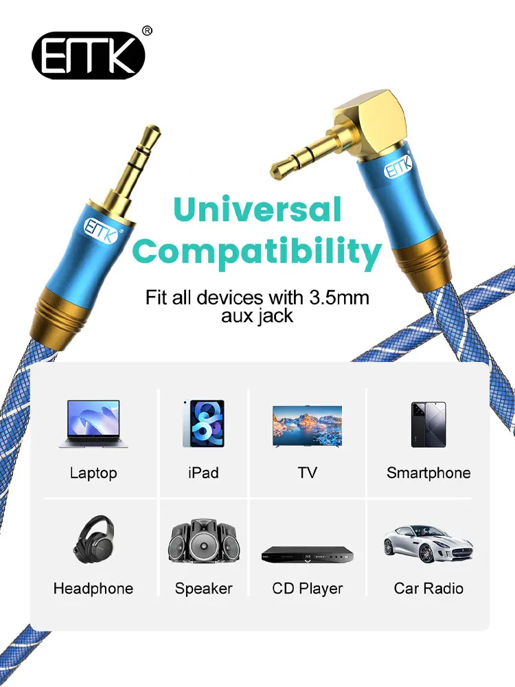 EMK AUX 3,5 mm Jack Kabel audio Jack 3,5 męski do AUX Kabel audio 90-stopniowy kątowy AUX do słuchawek samochodowych Soundbar TV — zdjęcie produktu 7
