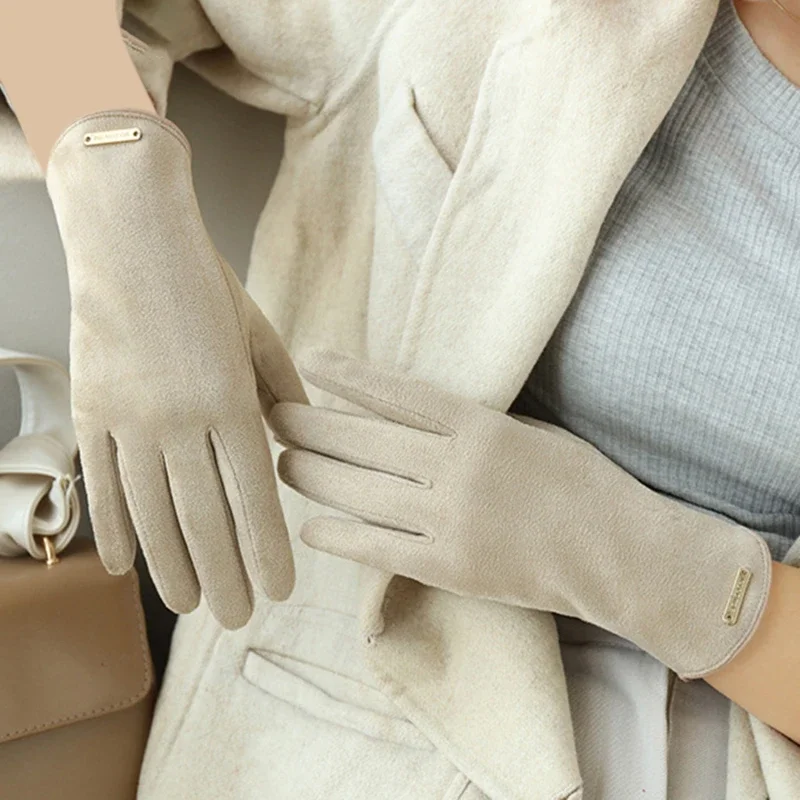 AliExpress NONE 2024 New Women Gloves Fashion Mittens Autumn Winter Warm Thin Cashmere Solid Cycling Drive Suede Fabric Elegant Windproof