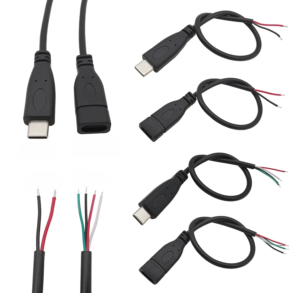 USB Tipo C macho e fêmea Plug Power Supply, carregador conector, 2 pinos, 4 pinos, USB-C DIY cabo de
