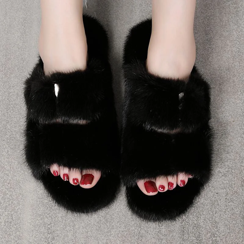 2022 Winter FlatShoes Warm Fur Slippers Slip On Loafers Mules Flip Flops Casual Outdoor Fur Slippers For Women Mink Slippers