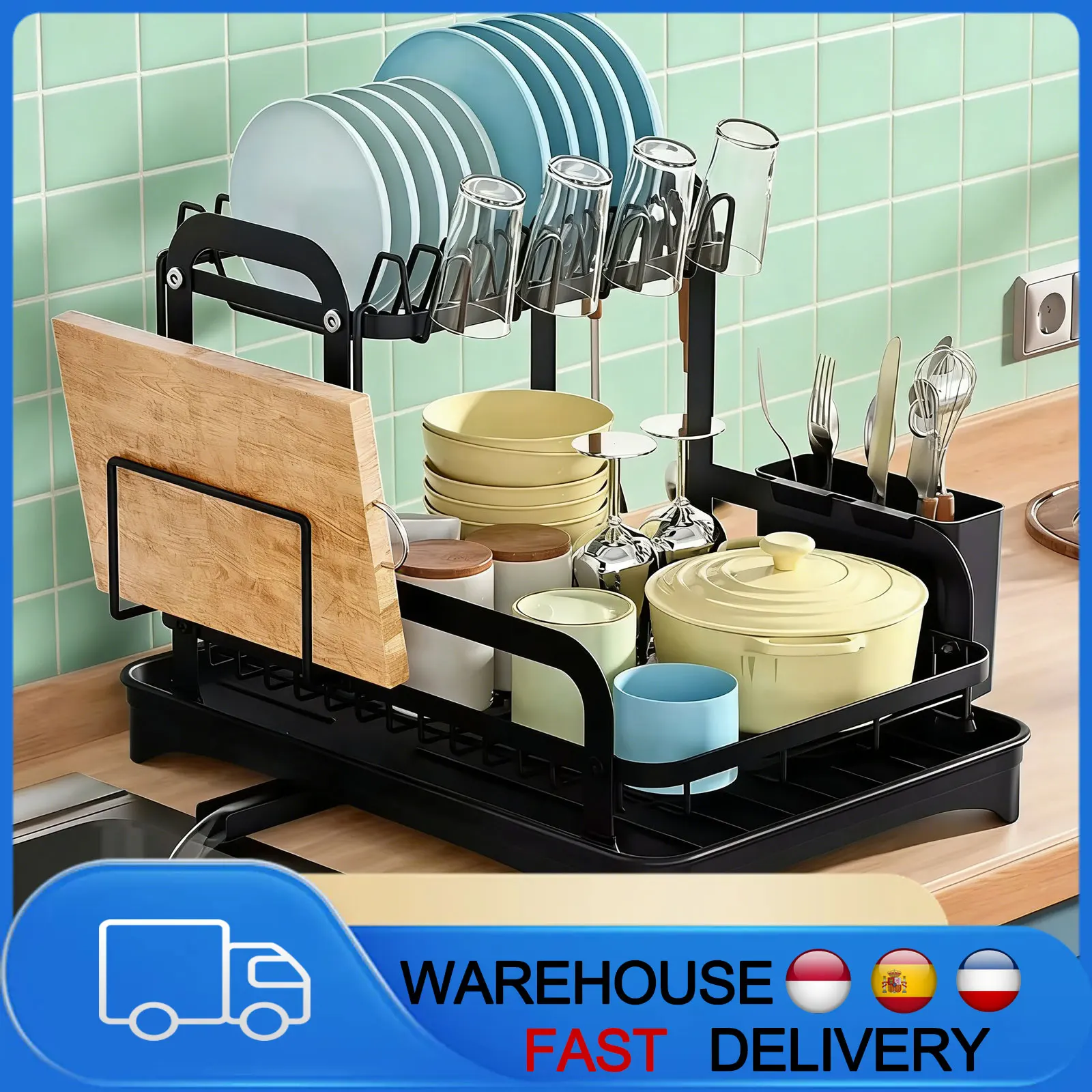 Égouttoir à vaisselle à 2 niveaux avec bac de drainage et panier de récupération, organisateur d'évier de cuisine, support de rangement pour vaisselle et bols sur comptoir