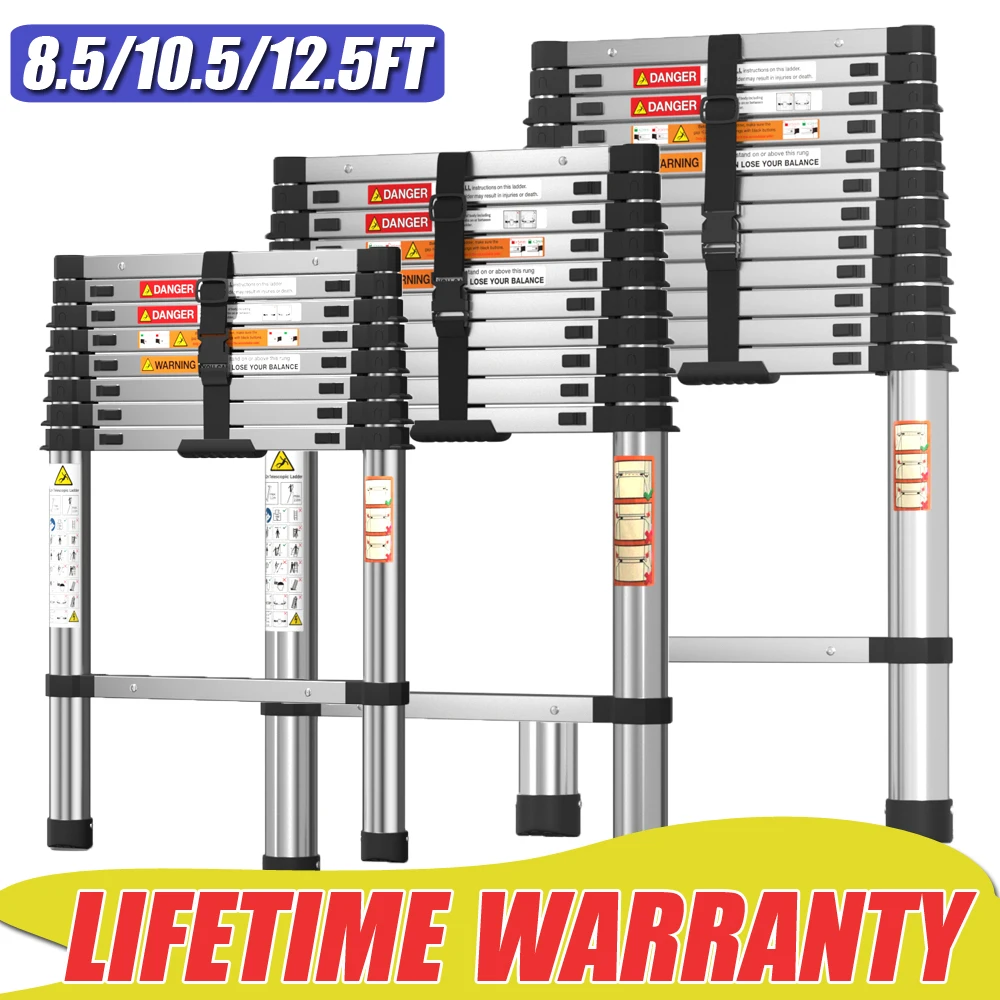 Telescopic Folding Ladder 3.2M 3.8M 2.6M/ 10.5FT 8.5FT 12.5FT Multi Purpose Collapsible Loft Ladders, Portable Stainless Steel Ladder Heavy Duty Sturdy Straight Ladders Heavy Duty Steel Folding Step