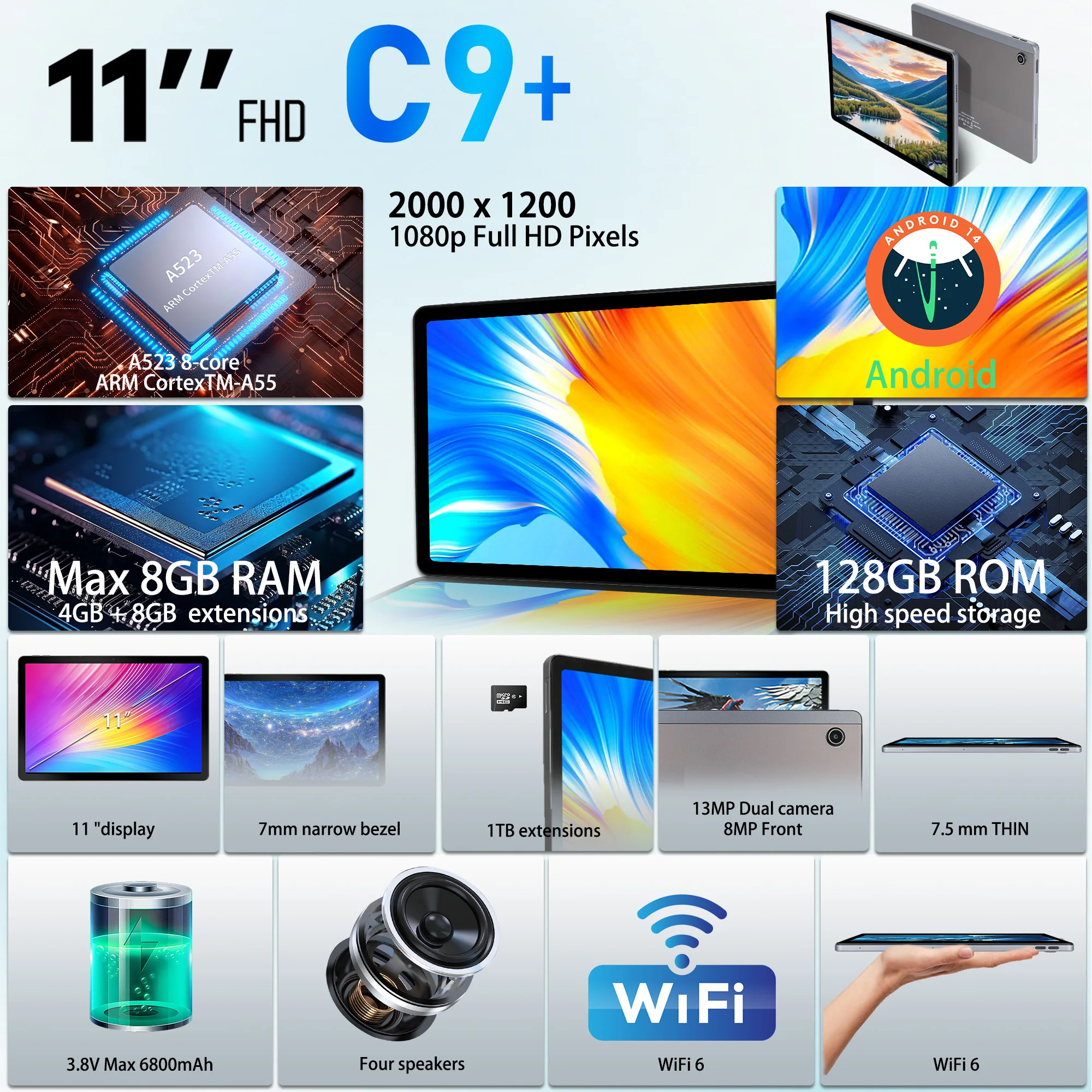 AEEZO 11인치 안드로이드 14 태블릿 옥타코어 12GB RAM 128GB ROM+1TB 확장 8MP+13MP 카메라 1920×1200 HD IPS 6800mAh 배터리