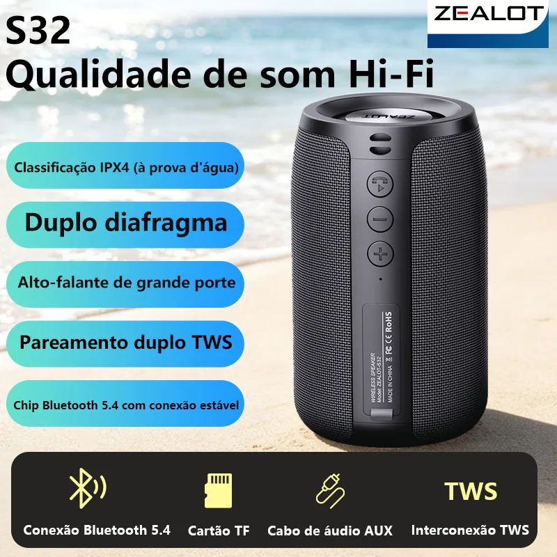 Caixa de Som Bluetooth ZEALOT S32 10W, 1800mAh, IPX6, Portátil, para Quarto e Escritório, Conexão Sem Fio