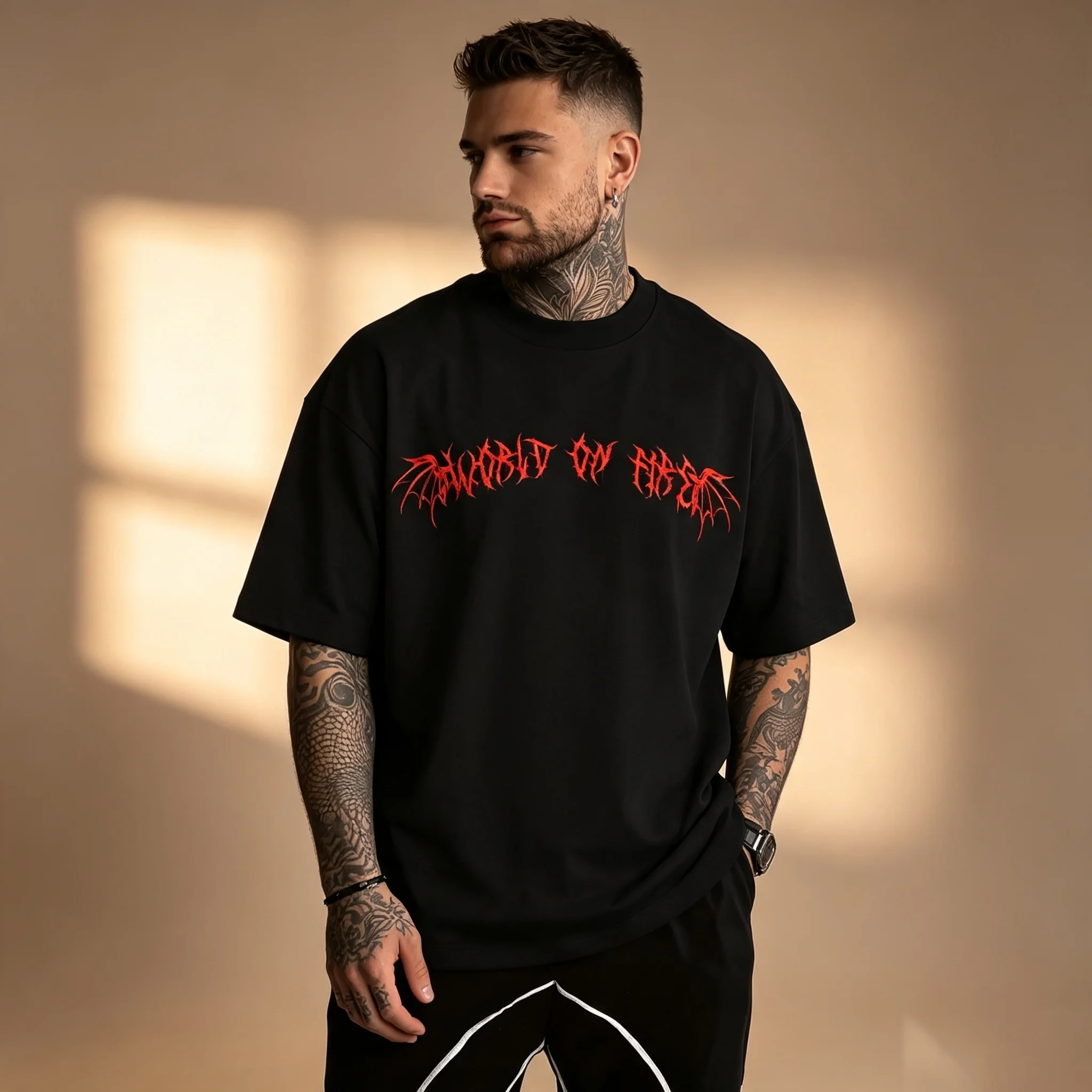 Gothic Devil Skull Graphic T-shirt Men Red Flame Back Print Casual Loose Multicolor Hip Hop Street Crew Neck Tops