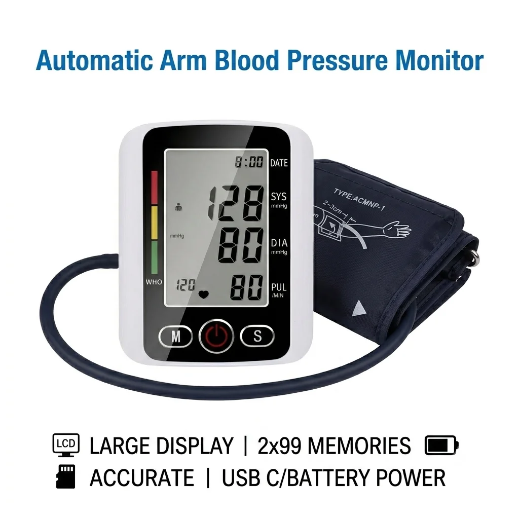 Blutdruckmessgerät für den Oberarm Digitales Sphygmomanometer Elektronisches Tensiometer Herzfrequenz-Pulsmesser mit Großem LCD-Bildschirm Typ-C