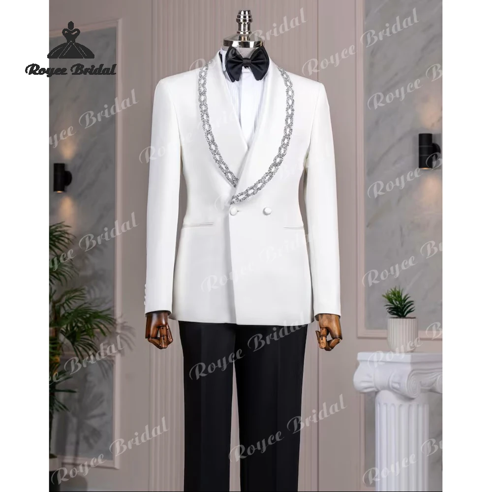 ชุดสูทแต่งงานผู้ชายแบบสองชิ้น กระดุมสองแถว ประดับคริสตัล สำหรับงานปาร์ตี้และงานกลางคืน ปกปิดคอ ทรงเข้ารูป