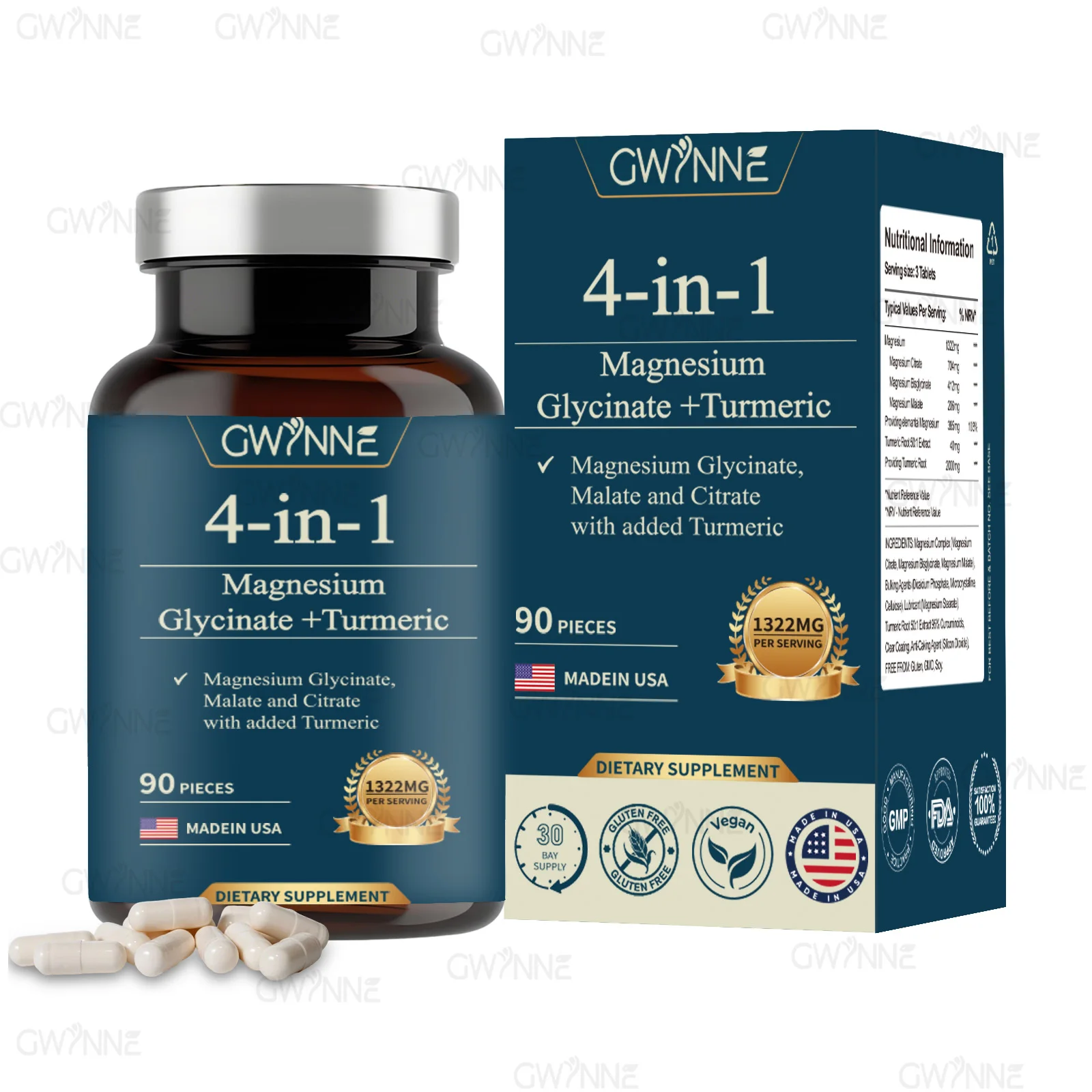 ملحق Gwynne Formula 4 in 1 (1322Mg)، يحارب التعب، ويقوي العضلات والأعصاب، 90 كبسولة عالية الامتصاص، والمغنيسيوم الثلاثي + الكركمين