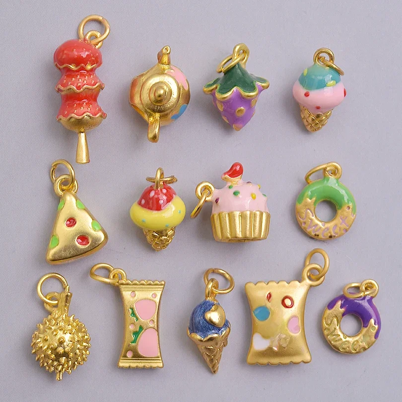 13 teile/los mischen Dessert kuchen Eis 3d Gold Farbe Emaille Charms für Schmuck herstellung liefert