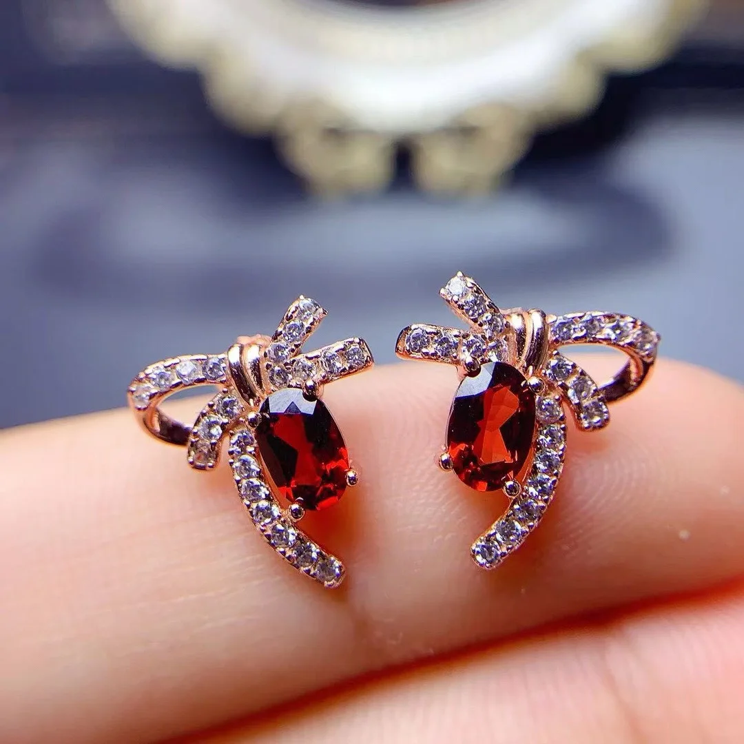 KJJEAXCMY Fine Jewelry 925 Sterling Silver Set with Natural Garnet 4x6mm Girls Electroplated Rose Gold Earrings  Send Girlfriend