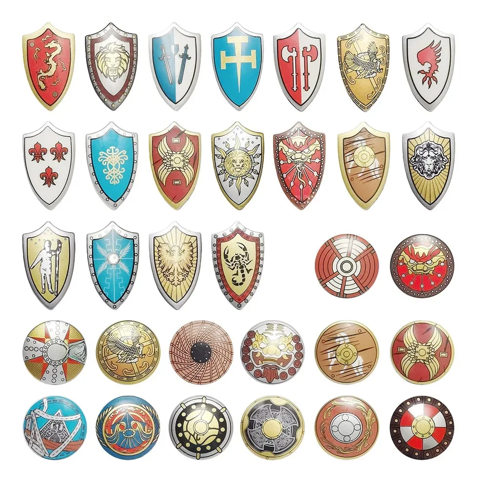 Bloc de construction de bouclier imprimé de chevalier médiéval, bouclier de guerrier de château avec des designs d'aigle noir de Lion rouge pour la figurine de l'armée, brique à monter soi-même
