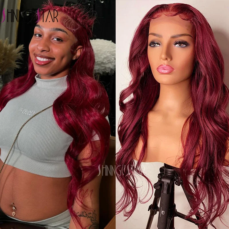 

99J Red 13x6 Lace Front Human Hair Wigs Burgundy Colored Body Wave Wig 13x4 HD Transparent brazilian Lace Frontal Wig 30 32 Inch