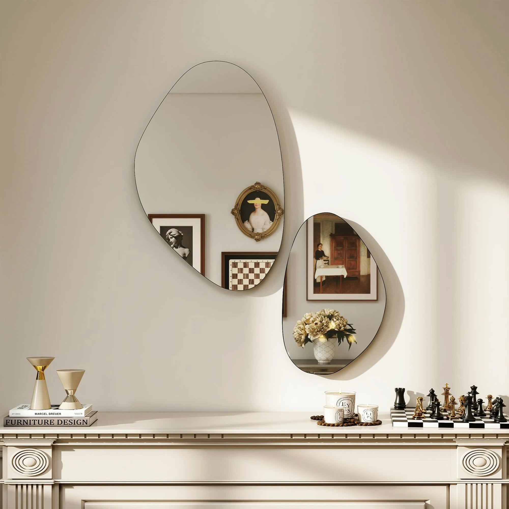 TOPSELLER Set aus 2 kieselsteinförmigen Wandspiegeln, asymmetrischer dekorativer Spiegel, regulärer organischer Rahmen, moderne Heimdekoration & Wandkunst, für Schlafzimmer, Wohnzimmer, Wandspiegel,