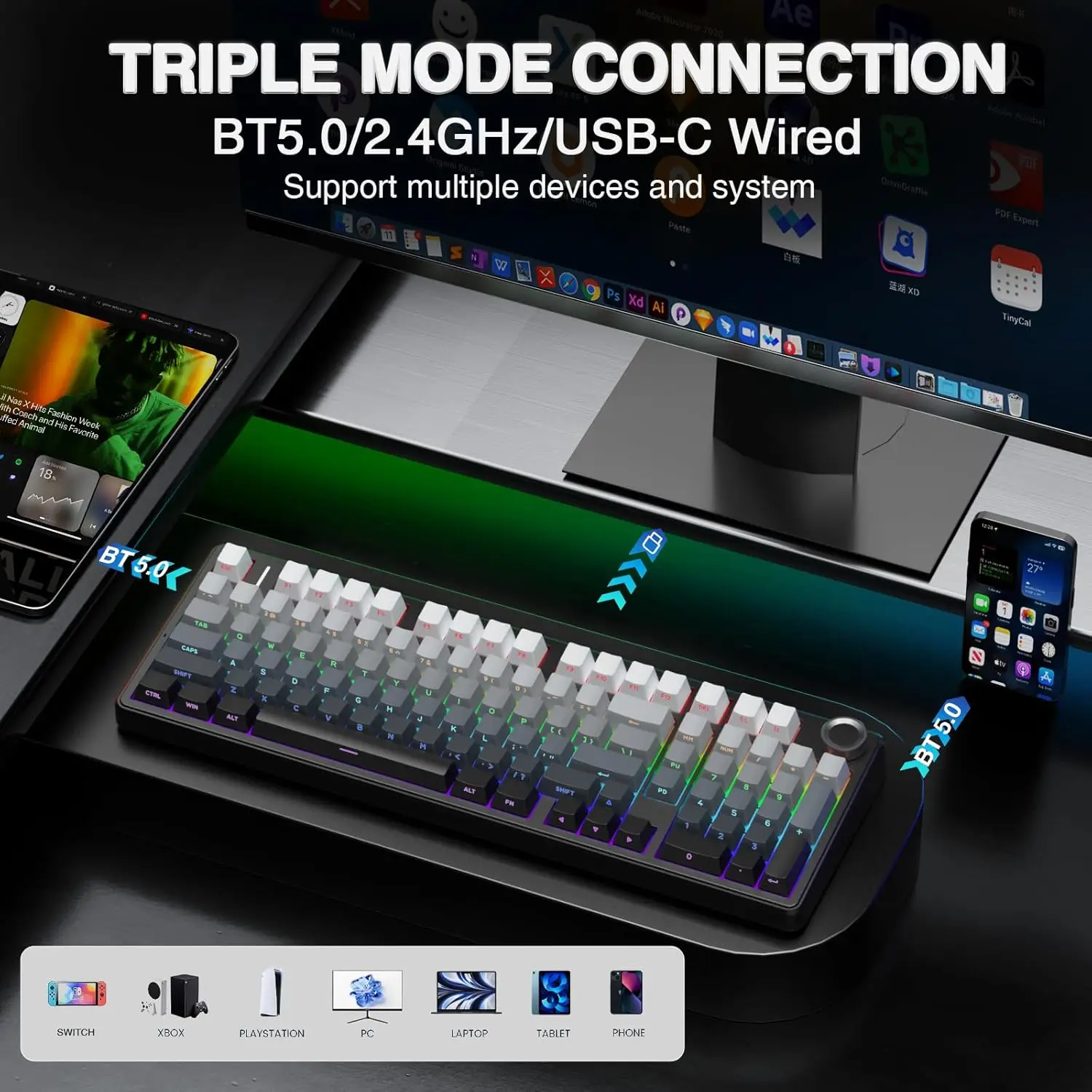 Teclado Mecánico para Juegos AULA F99 Pro, 99 Teclas, Tres Modos Inalámbricos, Estructura de Junta Intercambiable en Caliente, Teclado Personalizado con Perilla Multimedia 4