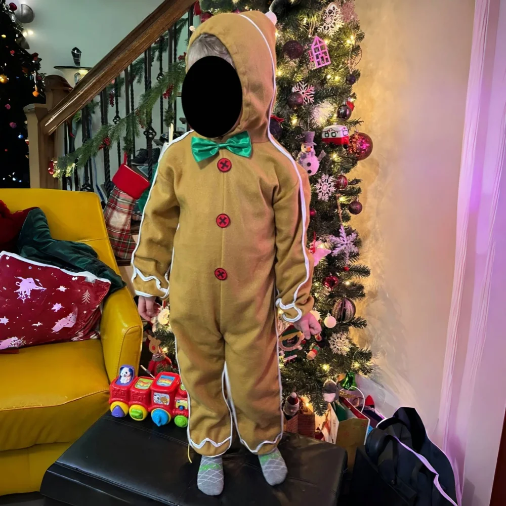 Christmas Gingerbread Man Cosplay Costume Boys Girls Gingerbread Man Themed Bodysuit Long Sleeve Holiday Party Role Play Dress