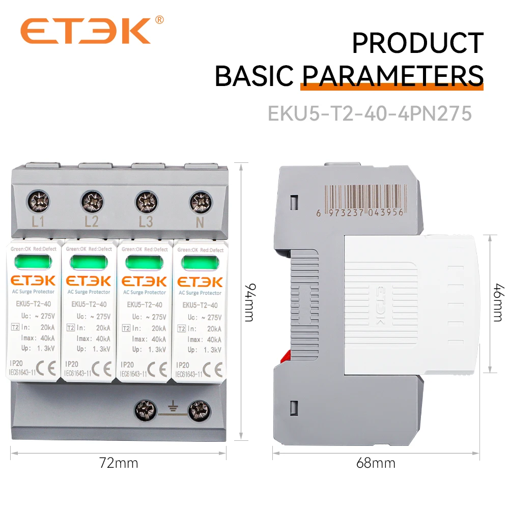 ETEK House Surge Protective Device Protector Arrester Protection Type T2 SPD AC 2P 3P 4P 20KA~40KA 275V EKU5