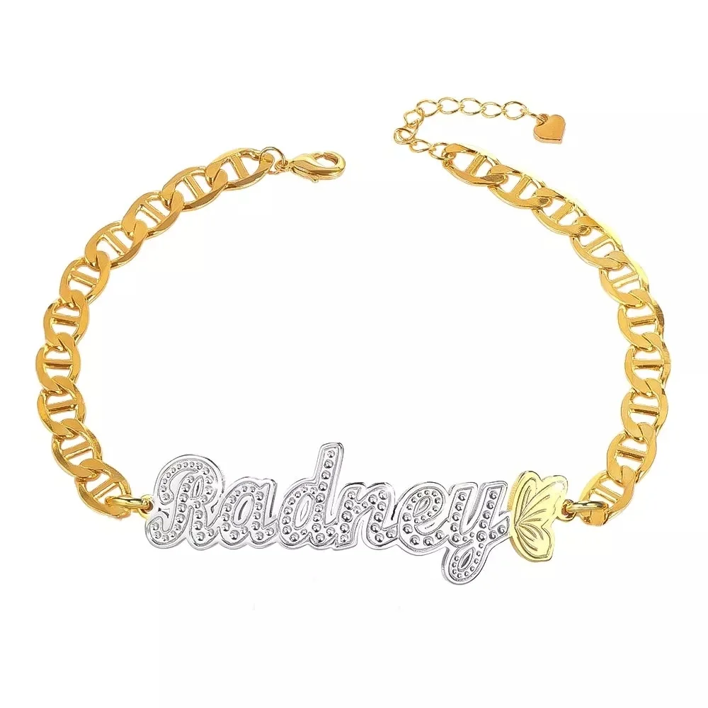 

Butterfly Two Tone Personalized Custom Gold Plated Name Anklet Double Plated Stainless Steel Foot Chain Jewelry For Women Men