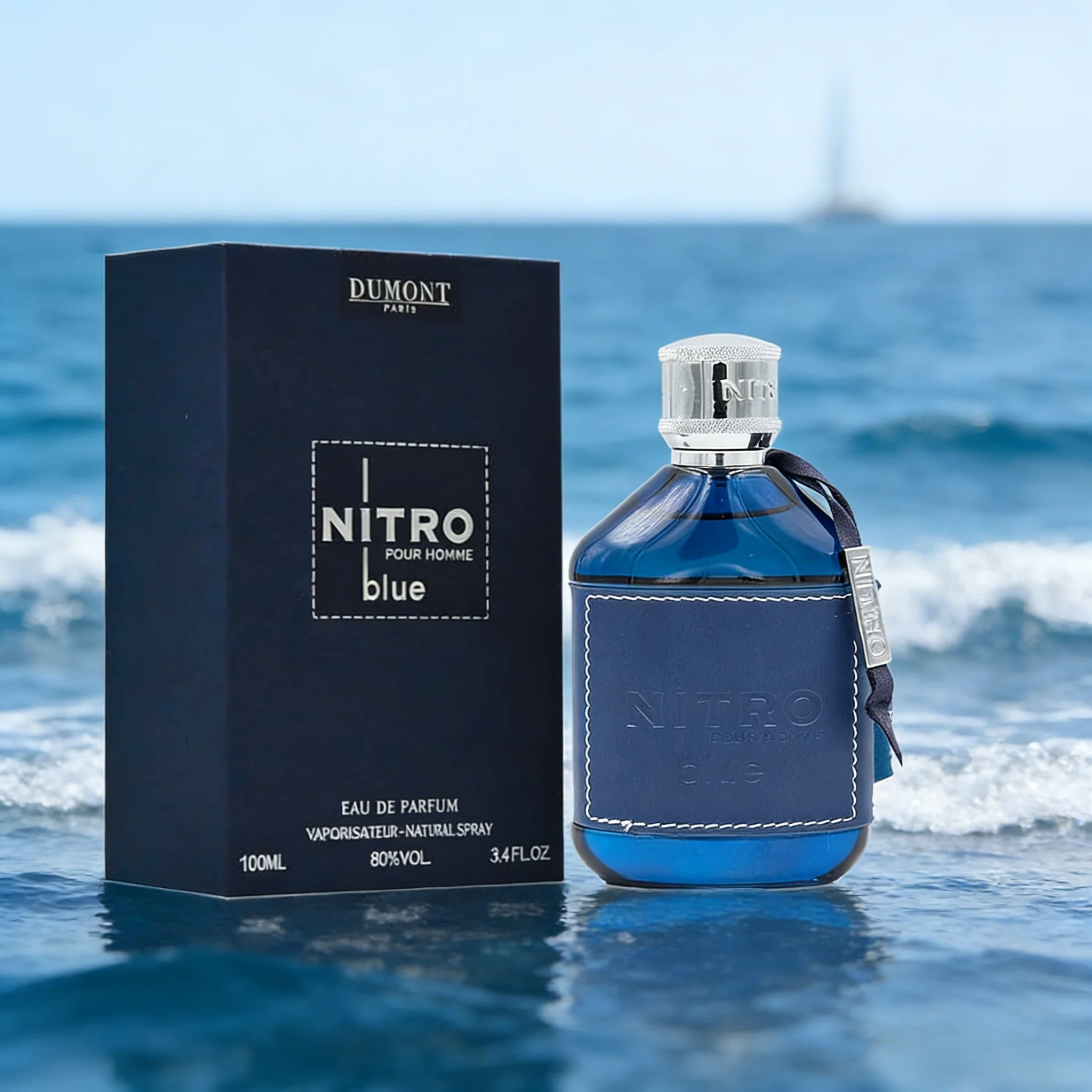 

Dumont Nitro Blue Pour Homme Eau de Parfum Fresh Aquatic Woody Scent Blue Leather Wrapped Bottle Silver Cap Navy Gift Box Long Lasting Masculine Fragrance Holiday Gift for Father Birthday