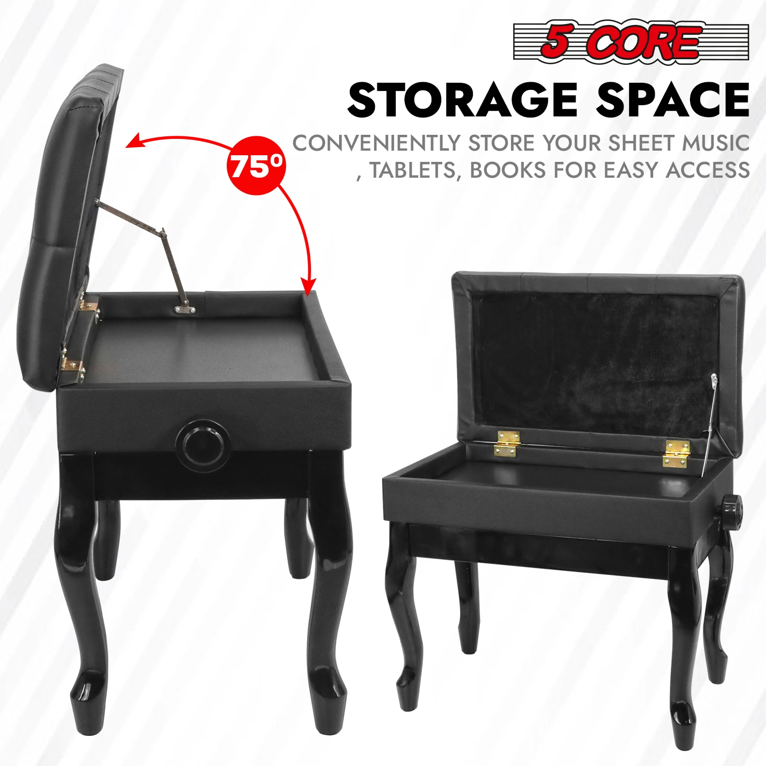 مقعد بيانو 5 أساسي مع مساحة تخزين خشبية قابلة للتعديل للوحة المفاتيح، مقعد مبطن عالي التحمل PNB WD HD BLK