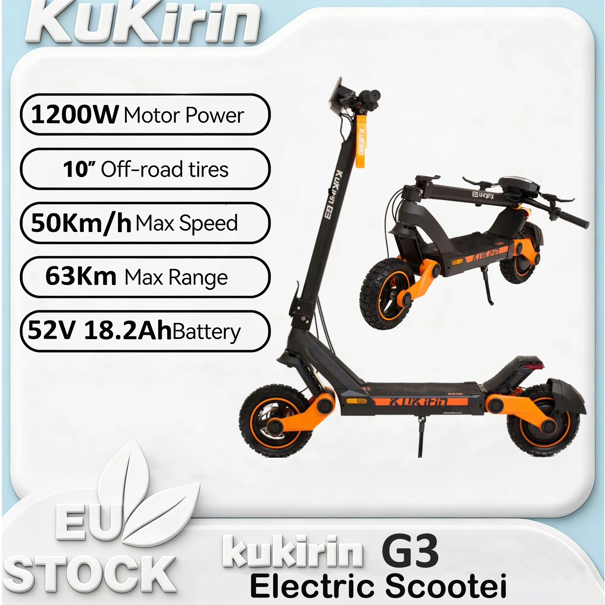 Trottinette électrique Kukirin G3, 1200W, vitesse maximale de 50 km/h, 52V, 18Ah, autonomie de 63 km, écran tactile, panneau de commande, suspension TPU