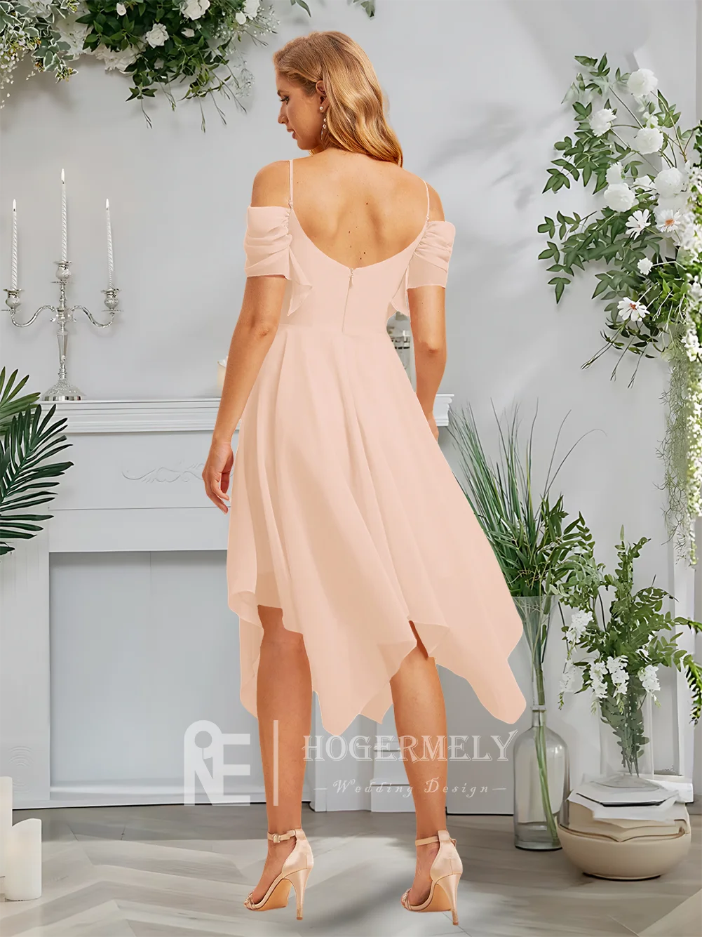

B Blushing Pink 2025 Elegant Square Asymmetrical A-Line Chiffon Bridesmaid Dresses Ruffled Spaghetti Straps Wedding Party Guest