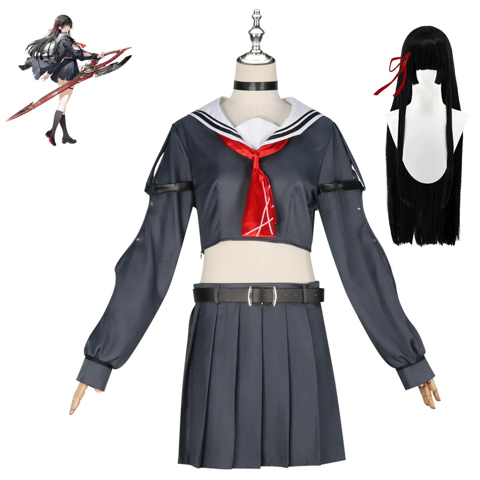 

Wuthering Waves Chisa Cosplay Costume Set with Wigs, Female Academy Sailor Uniform, Japanese JK for Halloween Anime Convention