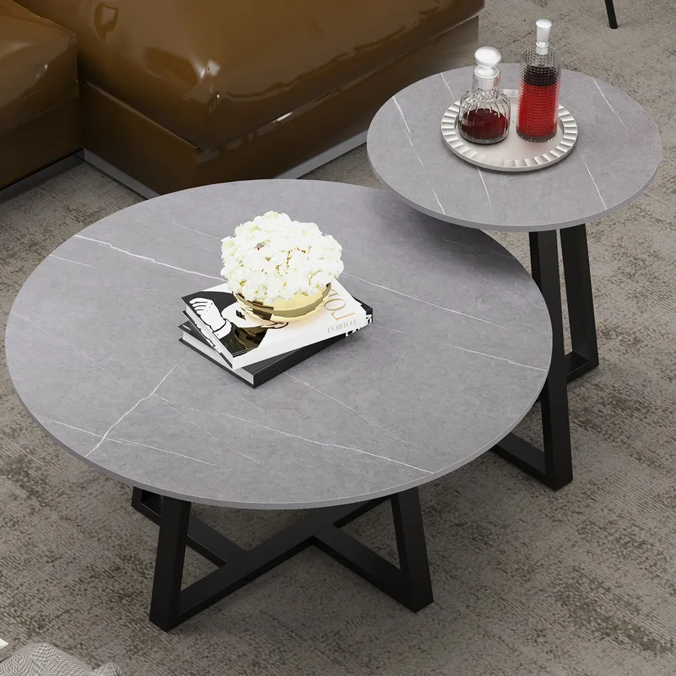 LUVODI Modern Set of 2 Living Room Round Center Table Furniture Marble Sofa Side Nesting Coffee Table with Metal Legs