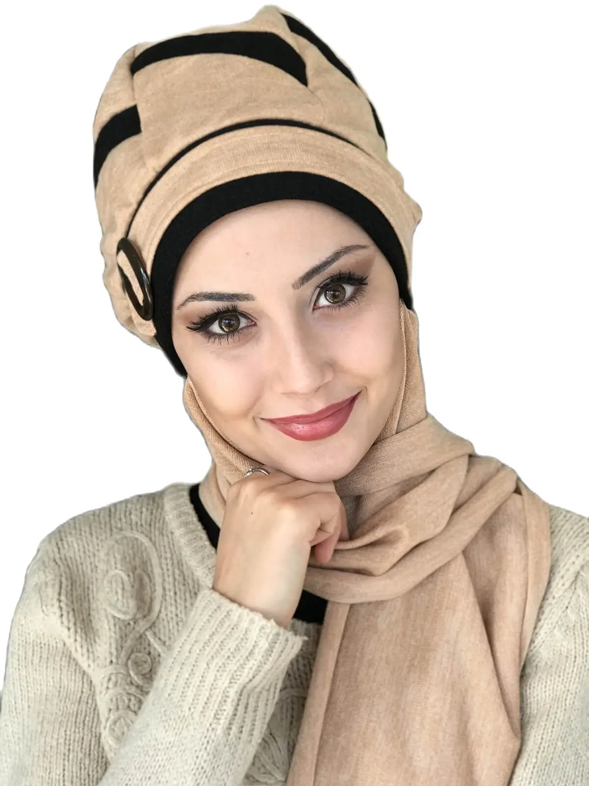 New Fashion Women 2021 Muslim Hijab Islamic Hijab Stripe Scarf Light Milk Coffee Passionflower Model Black Scarf Buckle Ber