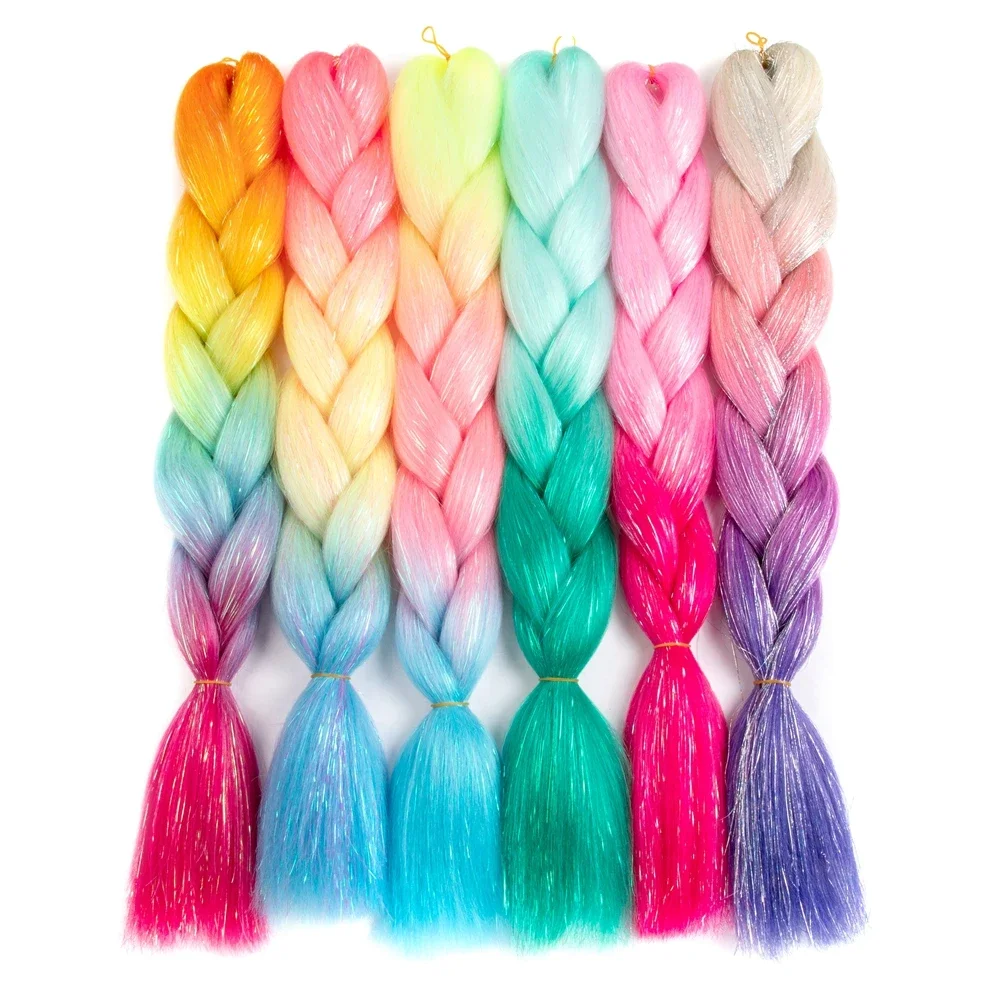 Synthetische Ombre 24Inch Glitter Jumbo Vlechten Extensions Sparkle Regenboog Gekleurde Vlechten Haar Voor Vrouwen Groothandel Diy Kapsel - afbeelding 2