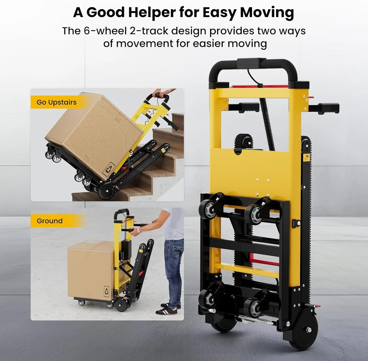 Electric Stair Climbing Dolly, Heavy Duty, Powered Stair Climber Dolly Cart with 6 Wheels Motor Powered for Furniture Logistics Warehouse, Black+Yellow