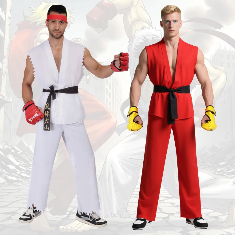 

Street Fighter Ryu and Ken Cosplay Costume White and Red Martial Arts Uniform with Belt Men's Karate Outfit for Adults
